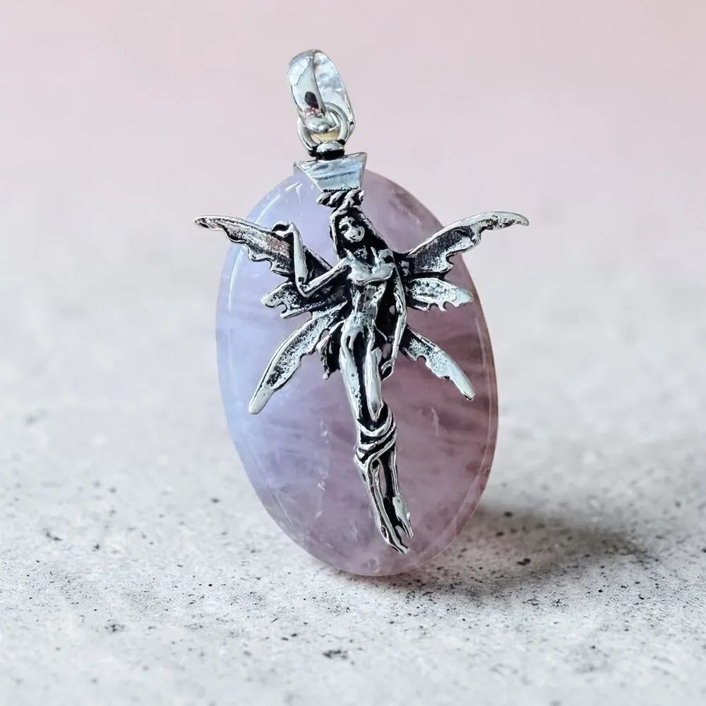 Fairy Rose Quartz Pendant Sterling Silver Overlay 2"
